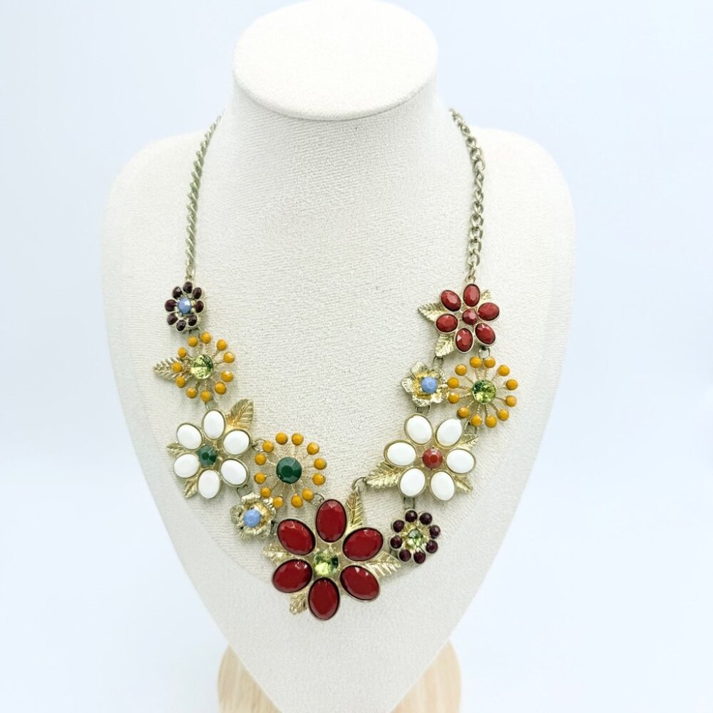 Vintage Charming Charlie Floral Statement Necklace Multicolor Gem Gold Tone - Picture 2 of 9